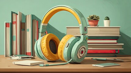 E-learning webinar podcast design with headset, online class, remote education tools, distance teaching, digital knowledge base