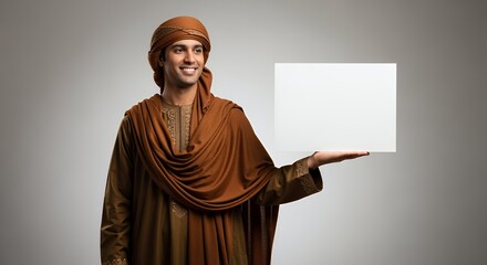 Smiling Man in Traditional Arab Clothing Presents a Blank Sign