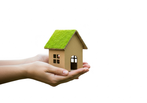 Hands holding miniature house with green roof isolated on transparent background