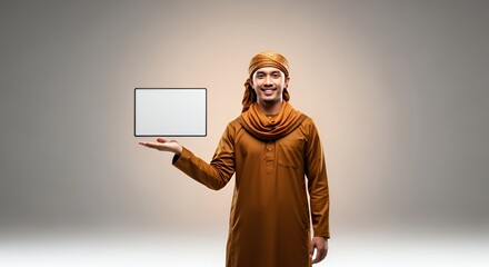 Smiling Man in Traditional Attire Presenting Blank Tablet