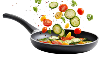 Fresh vegetables flying onto a frying pan, captured in motion on a white isolate background.