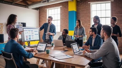 Dynamic team collaboration in modern office setting for creative project discussions - Powered by Adobe