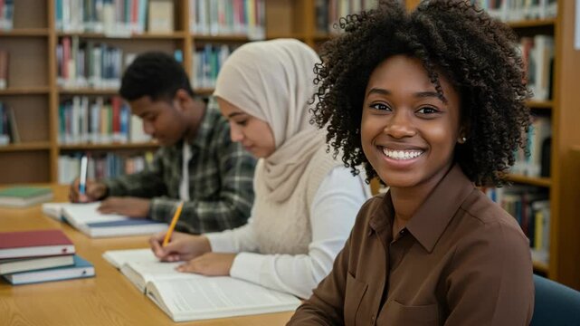 A smiling young woman in the foreground with two students studying behind her in a library - Powered by Adobe
