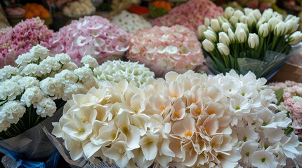 Fresh arrangements of delicate flowers displaed at a local market. Small luxury city flower shop.	