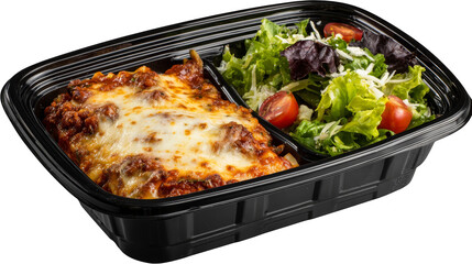 Fresh salad and pizza slice in a black container, quick healthy meal for takeout or delivery.