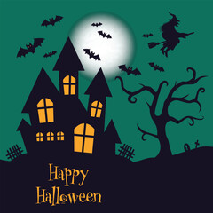A spooky Halloween scene featuring a haunted house, bats, and eerie trees under a full moon. Perfect for Halloween themed designs, invitations, or decorations. Flat vector modern illustration