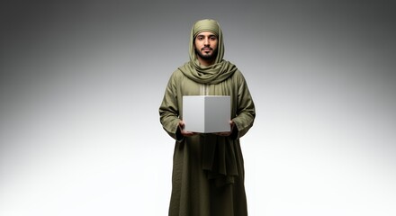 Man in Traditional Clothing Holding a Box