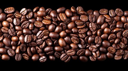 Fototapeta premium Abstract Unique Macro Image Concept. Freshly Roasted Coffee Beans Spread Across Black Background for Rich Aromatic Experience