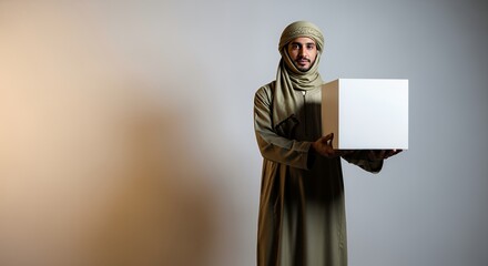 Man in Traditional Clothing Holding a Blank Cube