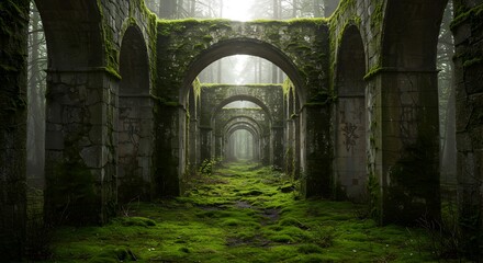 Fototapeta premium Enigmatic Mossy Ruins in a Misty Forest