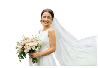 Beautiful bride holding bouquet isolated on transparent background