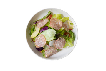 Salad in bowl: An overhead shot of a vibrant salad in a bowl, artfully composed with fresh greens,...