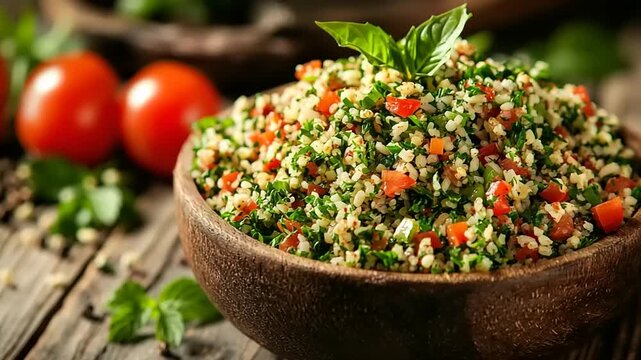 Wooden bowl of tabbouleh salad