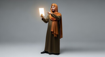 Modern Muslim Man Presenting on Tablet, Digital Innovation