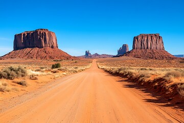 Fototapeta premium Road leading to iconic buttes in the desert landscape under a clear blue sky