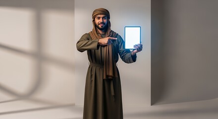 Arab Man Presenting Tablet, Modern Technology in Traditional Attire