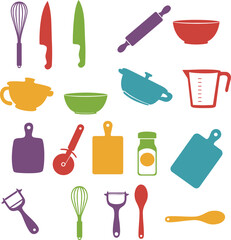 Vibrant Kitchen Utensils & Cooking Tools Set: Colorful Icons for Culinary Themes, Home Cooking, Baking, and Restaurant Concepts – Essential Household Items Collection.