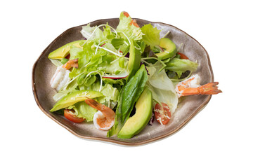 Freshly Plated Salad with Avocado and Shrimp: An appetizing, top-down view of a vibrant salad...