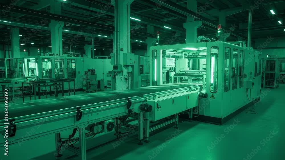 Aufkleber wideangle view of automated conveyor line bathed in green light representing efficiency in heavy ind
