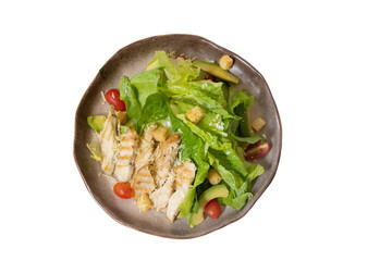 Fresh Chicken Salad Platter: A vibrant, top-down view of a fresh and healthy chicken salad platter, showcasing a delectable array of colorful ingredients and inviting textures. 