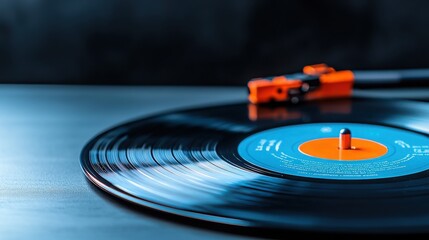 Abstract Unique Macro Image Concept. Vintage Vinyl Record on Turntable with Orange Tone Arm and Blurred Background Effects