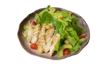 Grilled Chicken Salad: A culinary masterpiece featuring succulent grilled chicken, crisp romaine lettuce, vibrant cherry tomatoes, creamy avocado, and flavorful croutons.