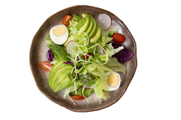 Healthy Plate: A vibrant composition showcases a fresh, balanced salad, perfect for promoting healthy eating. The image has a top view, presenting a diverse selection of ingredients.