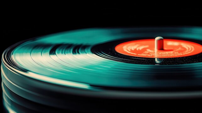 Naklejki Abstract Unique Macro Image Concept. Close-Up of Spinning Vinyl Record on Turntable Against Dark Background, Retro Music Vibes