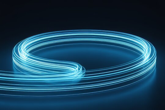 Abstract glowing fiber optic cable loop on dark background representing high speed internet connection technology and futuristic data transfer