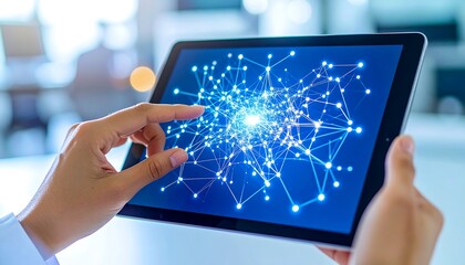 Tablet technology concept: person using digital tablet with network connection display 90