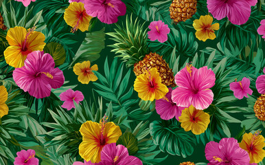 A seamless pattern of tropical flowers and pineapples, with vibrant colors on a purple background.