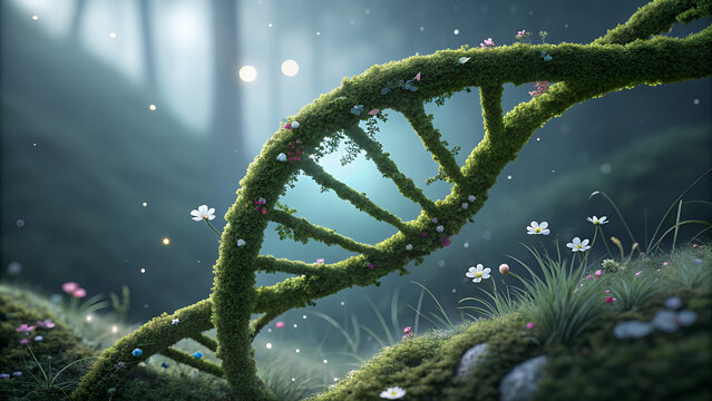 A dna strand covered in moss and small flowers in a dreamy forest with soft lighting and bokeh effects