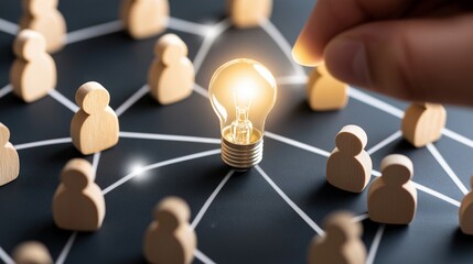 Person hand touching lightbulb connected to pawn network image closeup. Inspiring business team for achievement close-up photography. Teamwork development concept photo realistic
