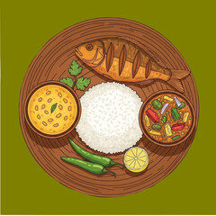Traditional Bengali Rice and Fish Meal on a Plate