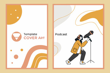 Modern podcast cover art template featuring a person with headphones and microphone and abstract shapes for branding