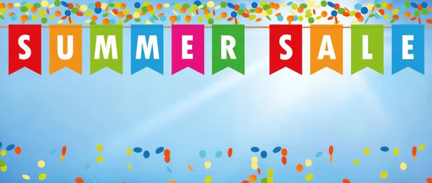 summer sale party flags banner with confetti rain on blue sunny background illustrated animation