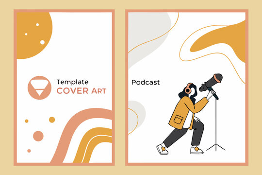 Modern podcast cover art template featuring a person with headphones and microphone and abstract shapes for branding - Powered by Adobe