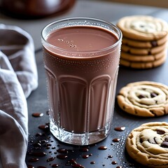 a collection of circular cookies with various patterns on them, arranged on a table. Next to them are glasses filled with hot chocolate or chocolate milk