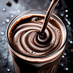a glass of hot chocolate being stirred with a long spoon. The surface of the chocolate appears smooth and bubbly, indicating a thick and creamy texture
