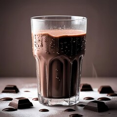 a glass filled with a thick, delicious looking dark chocolate drink. Surrounded by small pieces of chocolate, it adds a tantalizing and delicious touch