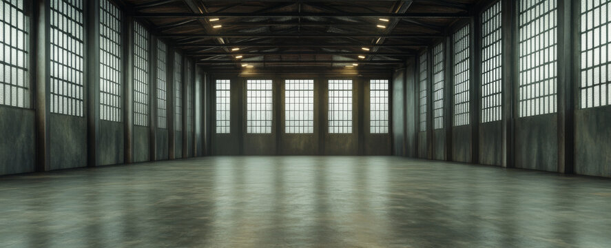 Empty warehouse with large windows. Generative AI - Powered by Adobe