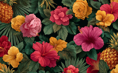 A seamless pattern of tropical flowers and pineapples, with vibrant colors on a purple background.