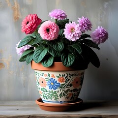 a white flower pot with a colorful decorative pattern featuring floral and bird motifs. The pot contains pink, red, and purple flowering plants with thick, healthy green leaves