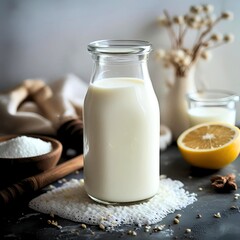 a glass bottle filled with fresh milk placed on a black surface. A small amount of milk powder or flour is scattered around it, adding to the natural and fresh atmosphere of the image