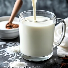 a glass cup filled with fresh milk being poured from a pitcher or bottle. The cup has a handle and rests on a black surface decorated with small white crumbs, likely flour or spices

