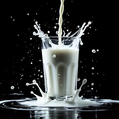 fresh milk being poured from a pitcher into a glass, causing large splashes and splashes all around