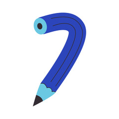 Twisted Curved Pencil. Blue pencil bent into number seven. School studying supplies, comic trendy doodle. Perfect for designing school timetables, student diaries, notebooks, notepads, drawing albums