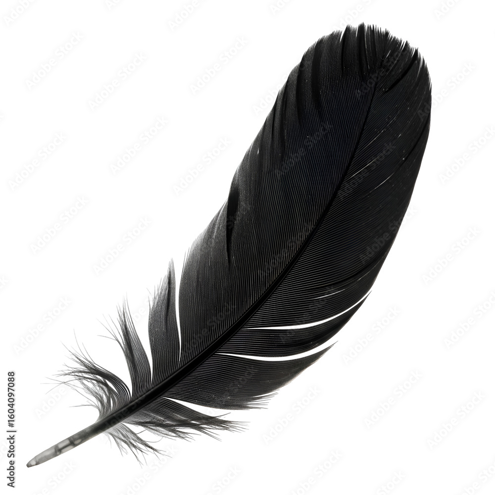 Poster single black feather on transparent background: a detailed macro view, showing texture and details w