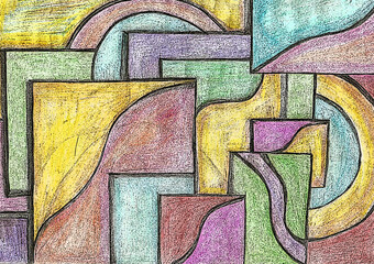 Abstract graffiti, different colored pencils on geometrical shapes on paper