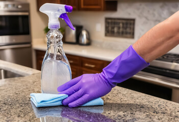 A human hand in a purple rubber glove wipes a cloth on the countertop on which the spray bottle is located